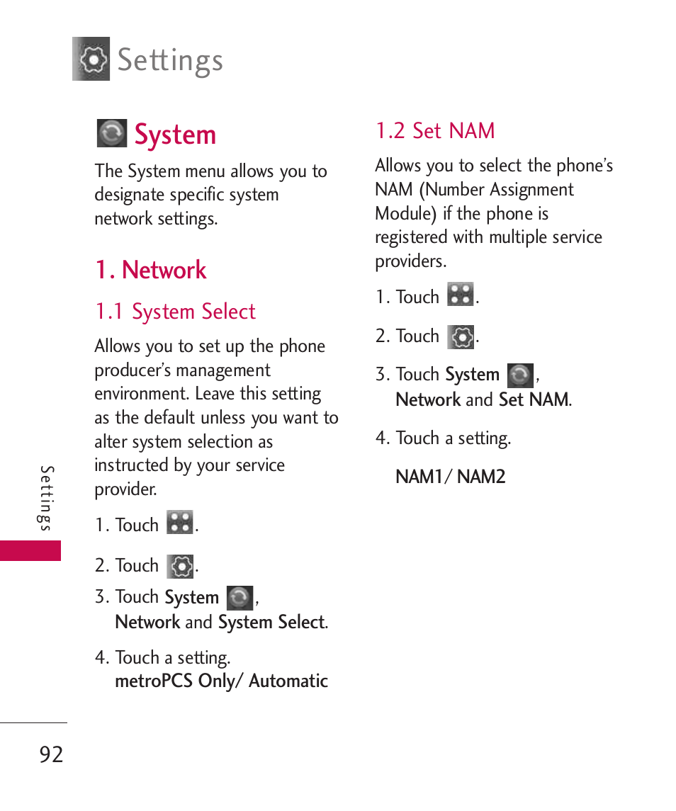 System, Network, 1 system select | 2 set nam, Settings | LG Banter Touch MMBB0393601 User Manual | Page 94 / 145