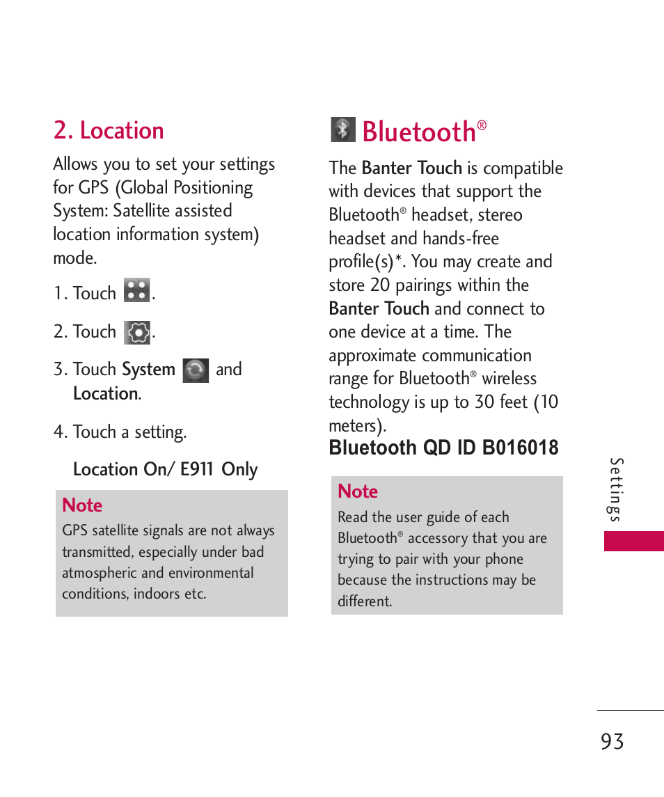 Location, Bluetooth | LG Banter Touch MMBB0393601 User Manual | Page 95 / 145