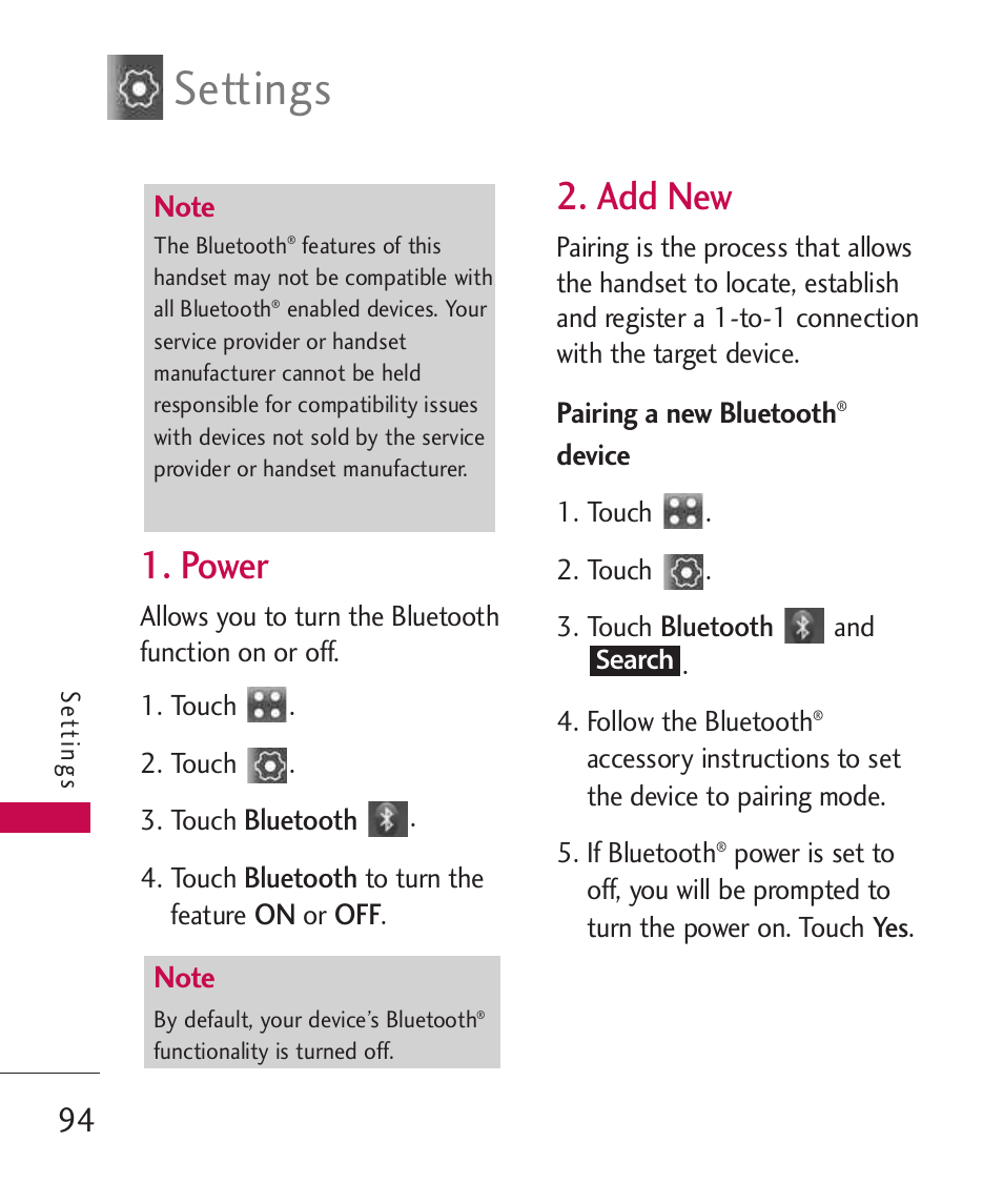 Power, Add new, Settings | LG Banter Touch MMBB0393601 User Manual | Page 96 / 145
