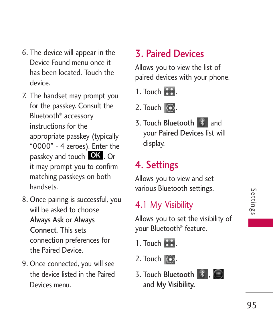 Paired devices, Settings, 1 my visibility | LG Banter Touch MMBB0393601 User Manual | Page 97 / 145