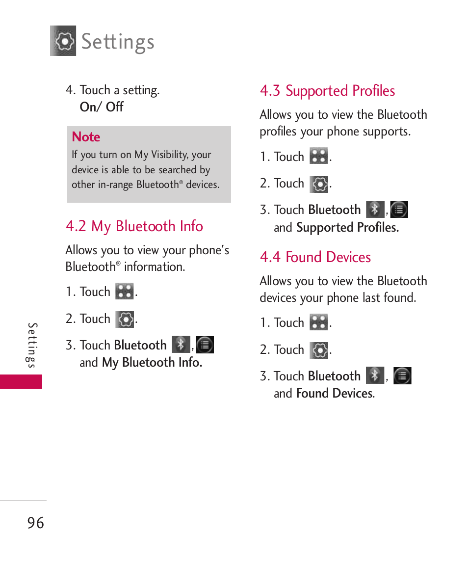 2 my bluetooth info, 3 supported profiles, 4 found devices | Settings | LG Banter Touch MMBB0393601 User Manual | Page 98 / 145