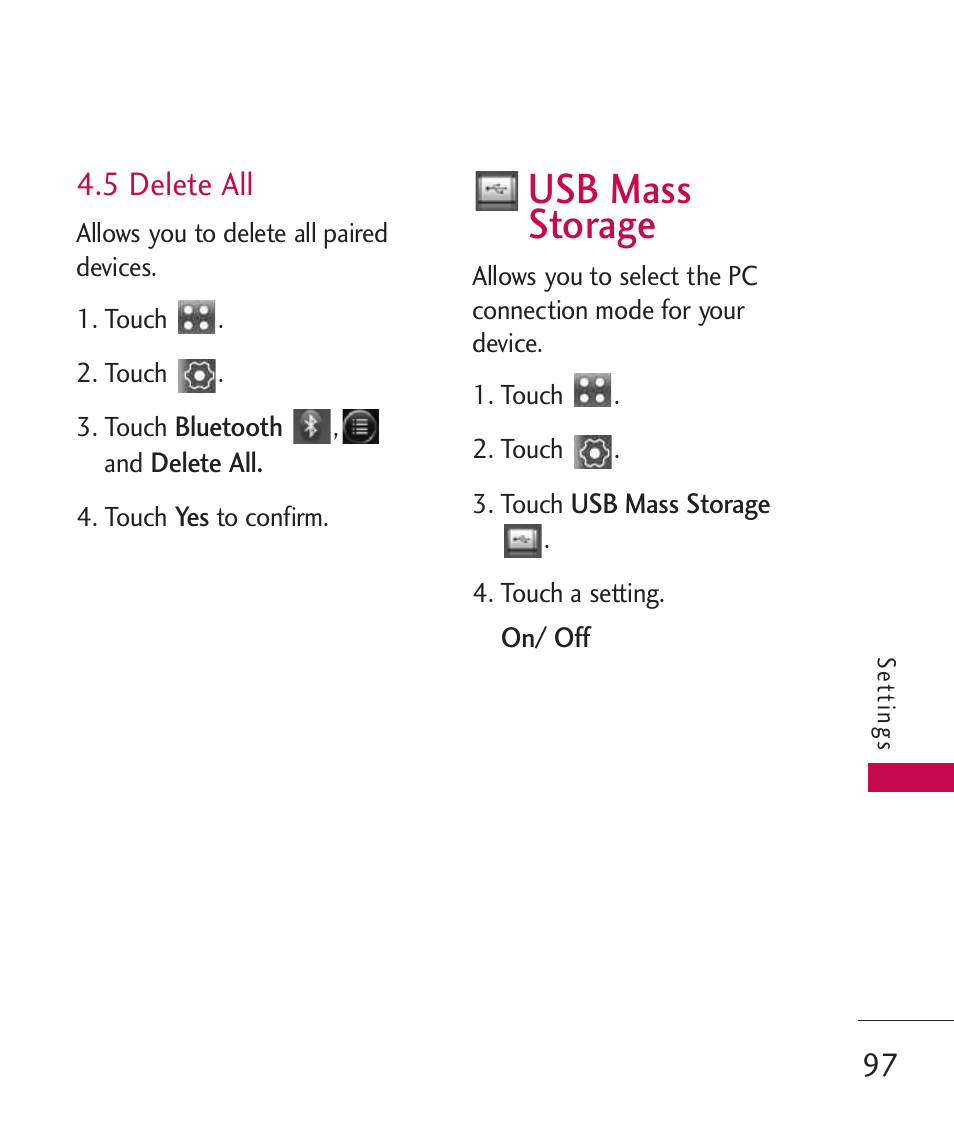 5 delete all, Usb mass storage | LG Banter Touch MMBB0393601 User Manual | Page 99 / 145