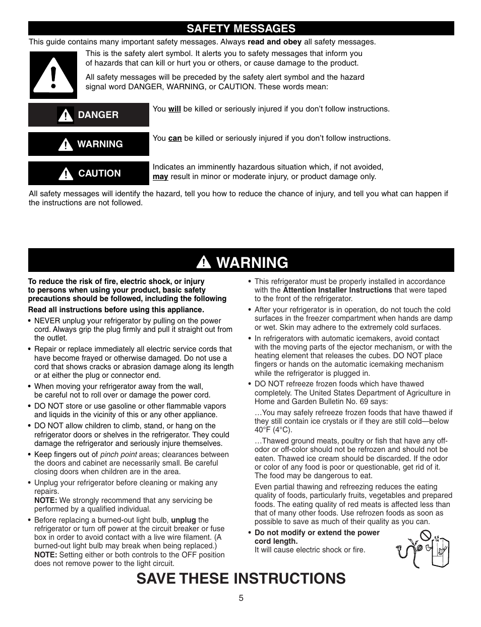 Warning, Save these instructions, Safety messages | LG LFC21760 User Manual | Page 5 / 36