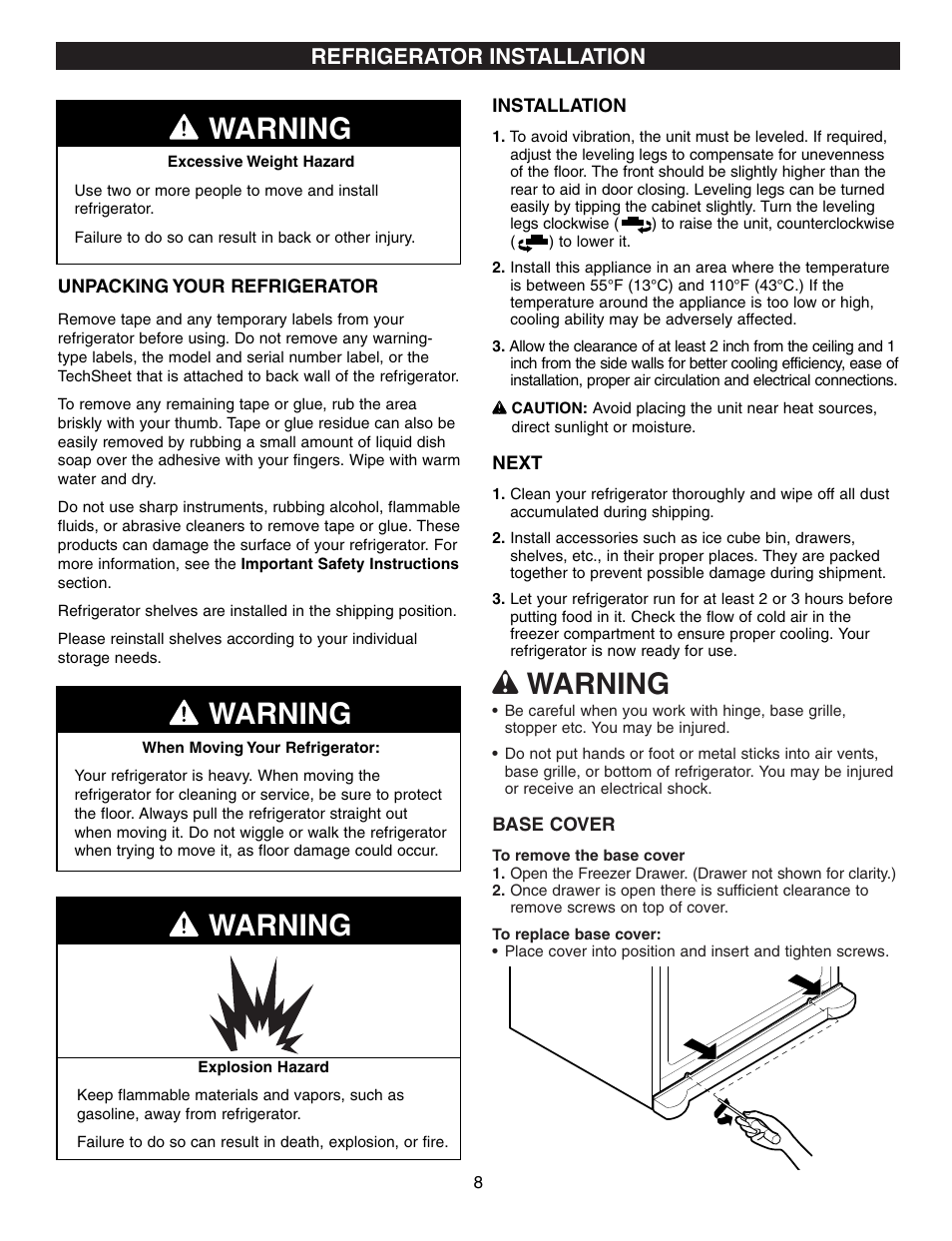 Wwarning, Warning, Refrigerator installation | LG LFC21760 User Manual | Page 8 / 36