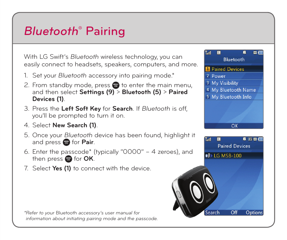 Bluetooth, Pairing, Optional accessories | LG HBM-760 User Manual | Page 6 / 8