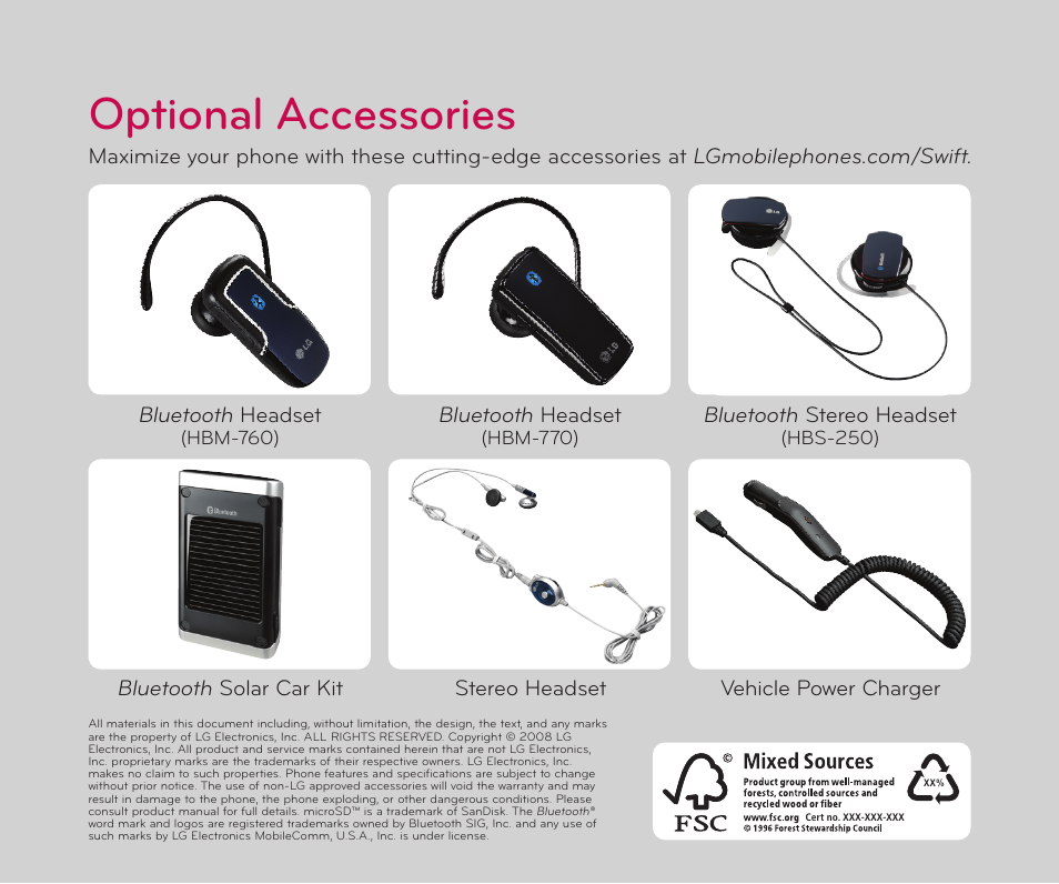 Optional accessories, Bluetooth headset, Bluetooth stereo headset | LG HBM-760 User Manual | Page 8 / 8