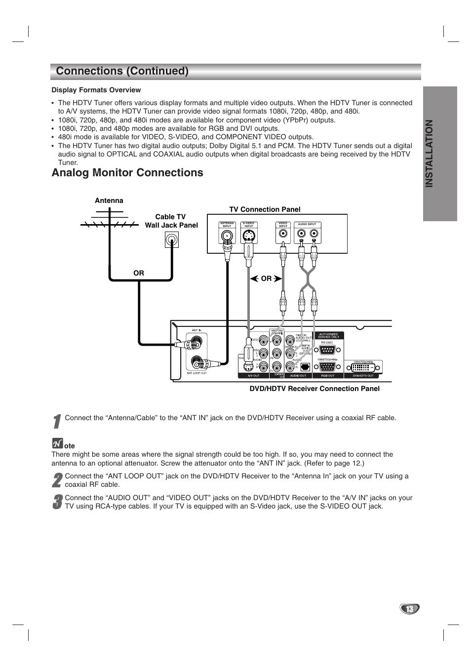 Connections (continued), Analog monitor connections, Inst alla tion | LG LST-3510A User Manual | Page 13 / 64