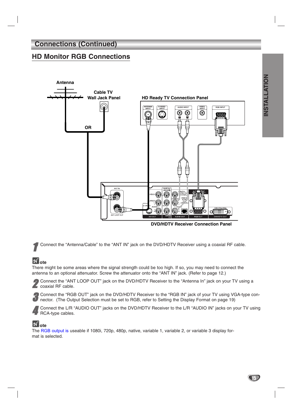 Connections (continued) hd monitor rgb connections | LG LST-3510A User Manual | Page 15 / 64