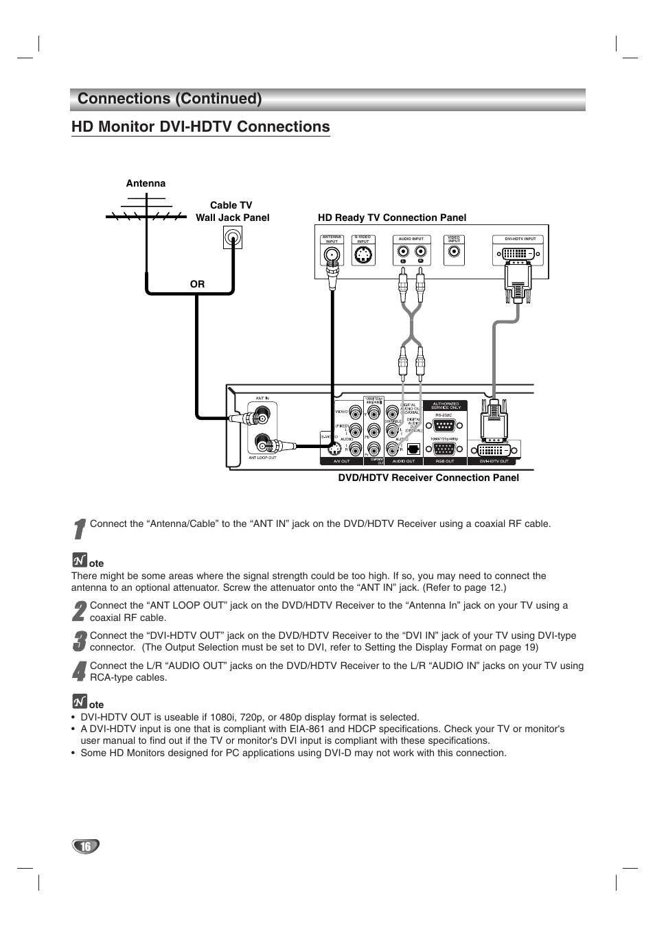Connections (continued), Hd monitor dvi-hdtv connections | LG LST-3510A User Manual | Page 16 / 64
