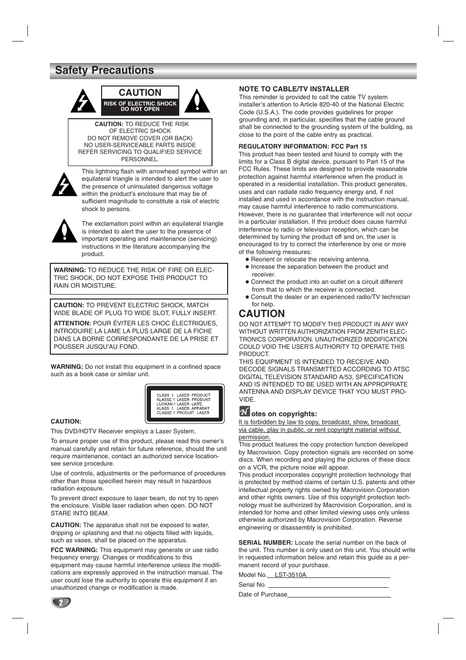 Safety precautions, Caution | LG LST-3510A User Manual | Page 2 / 64