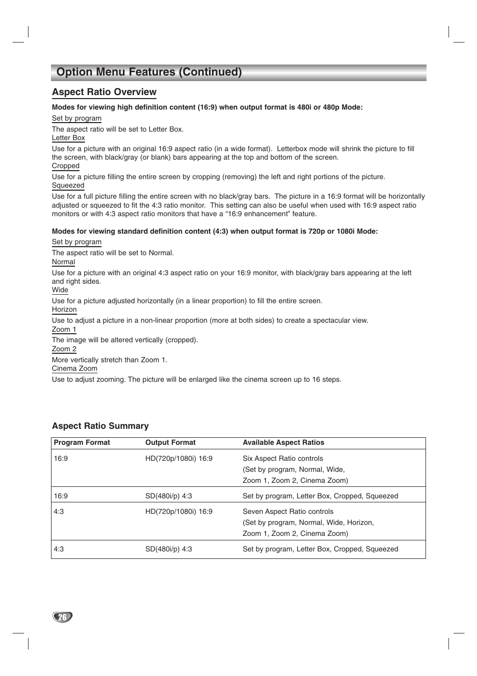 Option menu features (continued), Aspect ratio overview | LG LST-3510A User Manual | Page 26 / 64