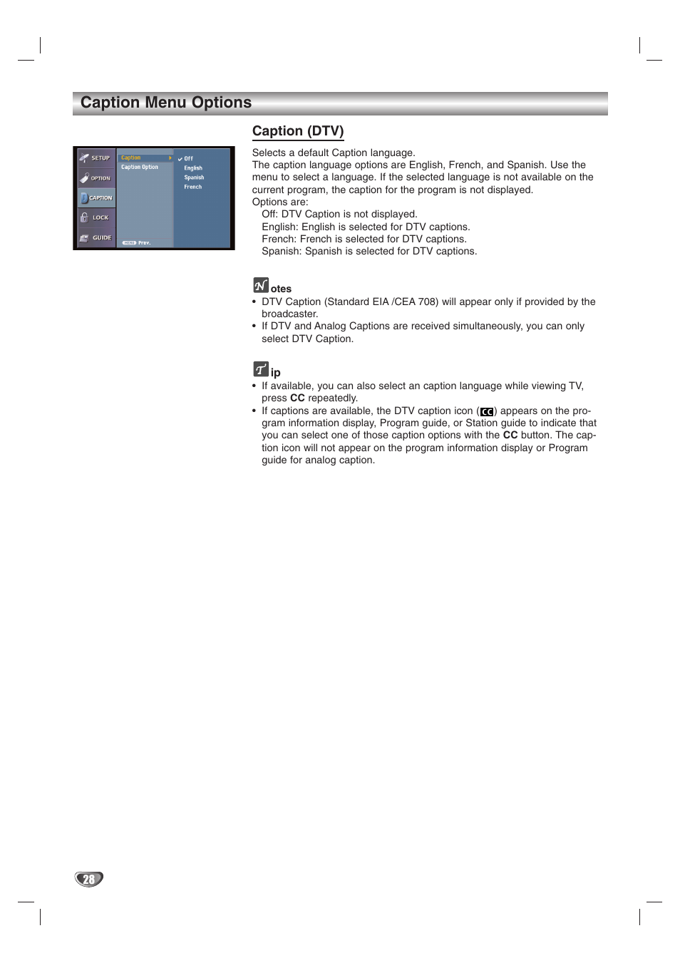 Caption menu options, Caption (dtv) | LG LST-3510A User Manual | Page 28 / 64