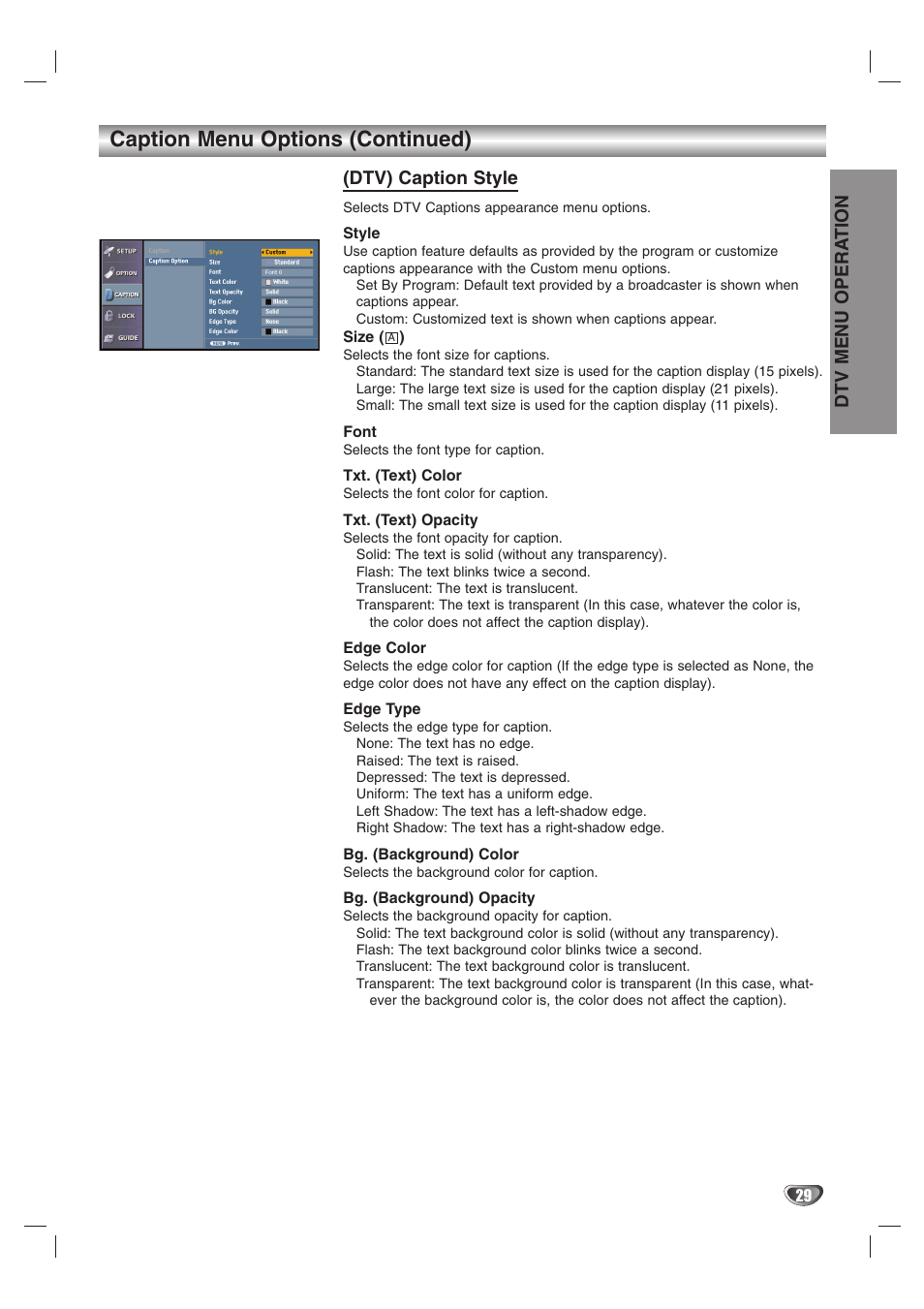 Caption menu options (continued), Dtv menu opera tion, Dtv) caption style | LG LST-3510A User Manual | Page 29 / 64