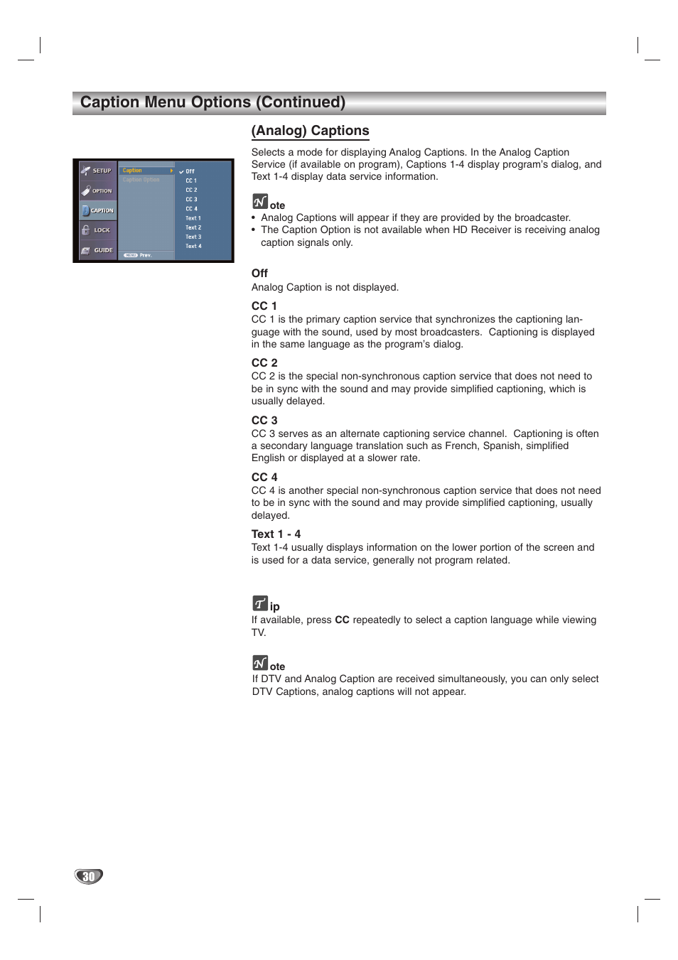 Caption menu options (continued), Analog) captions | LG LST-3510A User Manual | Page 30 / 64