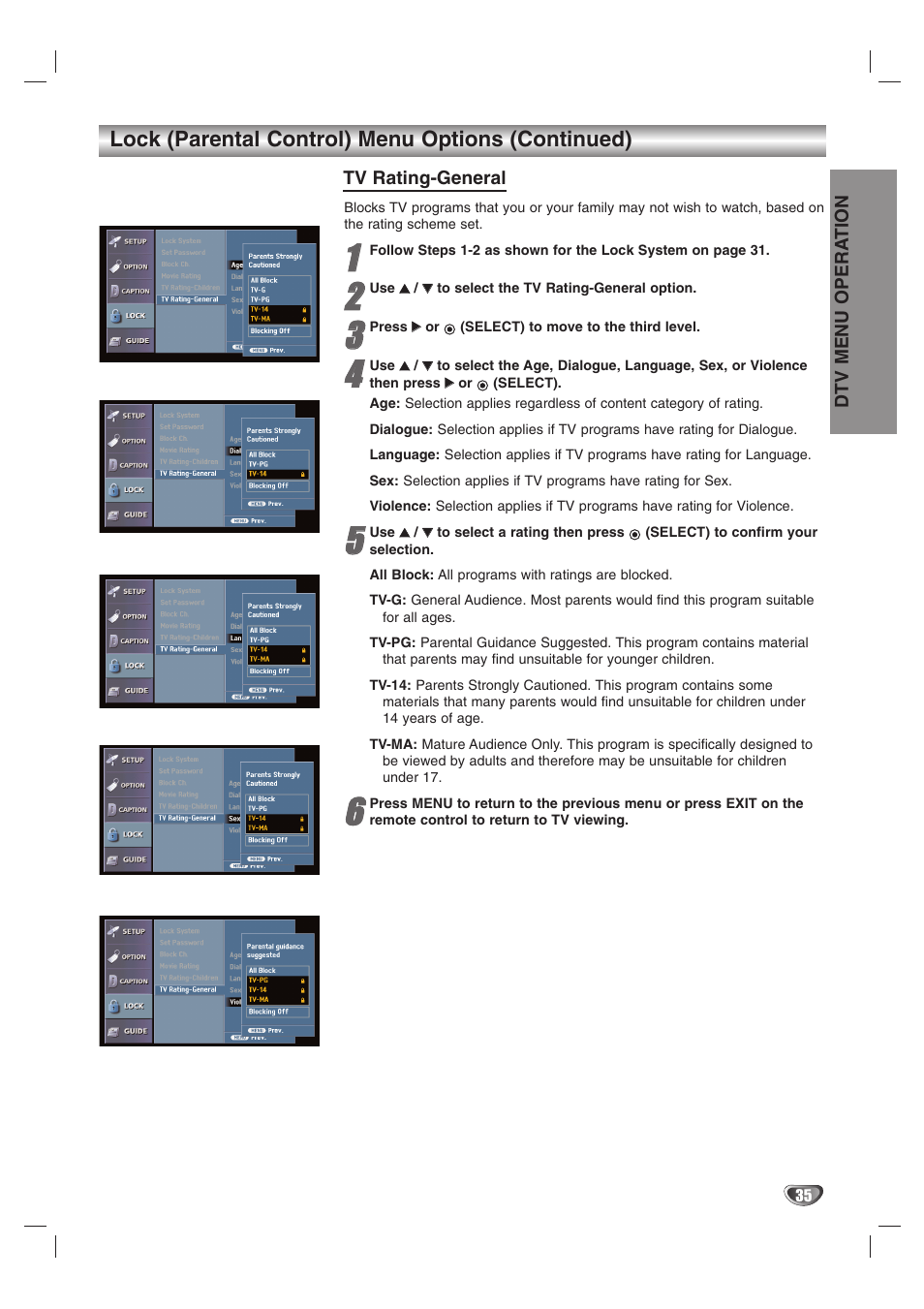 Lock (parental control) menu options (continued) | LG LST-3510A User Manual | Page 35 / 64