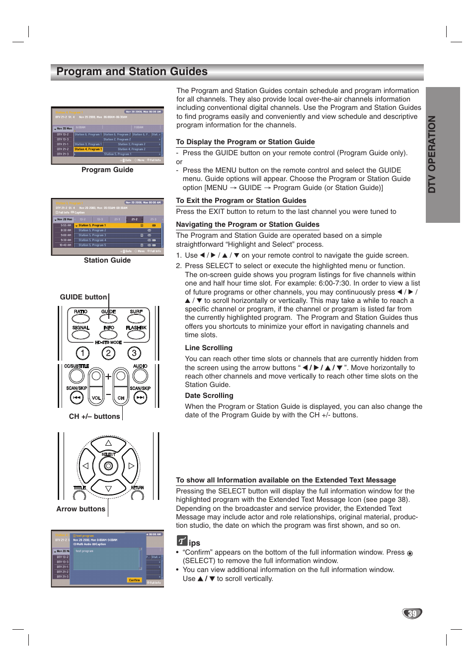 Program and station guides, Dtv opera tion | LG LST-3510A User Manual | Page 39 / 64