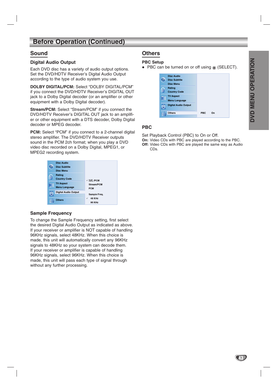 Before operation (continued), Dvd menu opera tion, Sound | Others, Digital audio output, Sample frequency | LG LST-3510A User Manual | Page 43 / 64