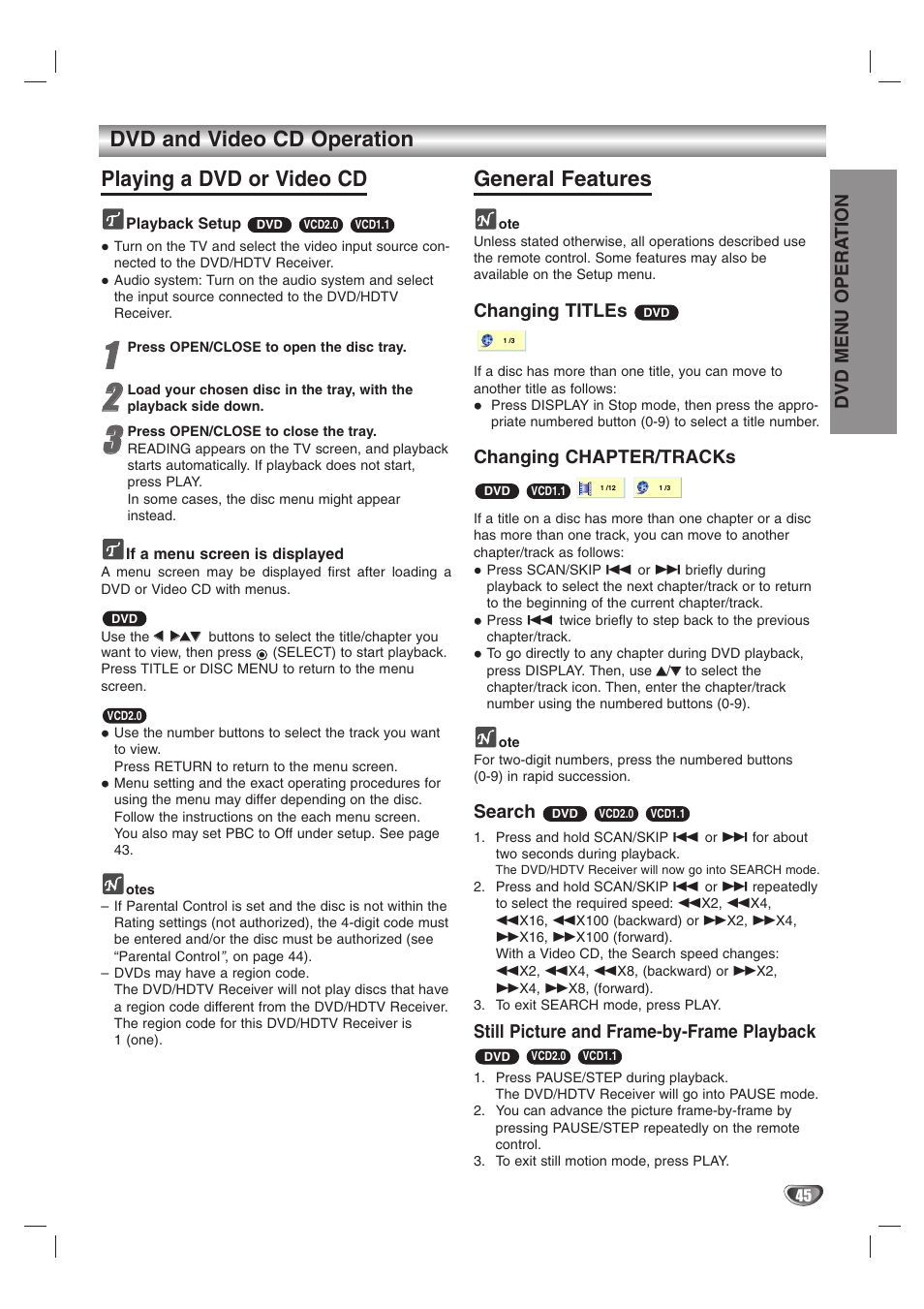 General features, Dvd menu opera tion, Changing titles | Changing chapter/tracks, Search, Still picture and frame-by-frame playback | LG LST-3510A User Manual | Page 45 / 64