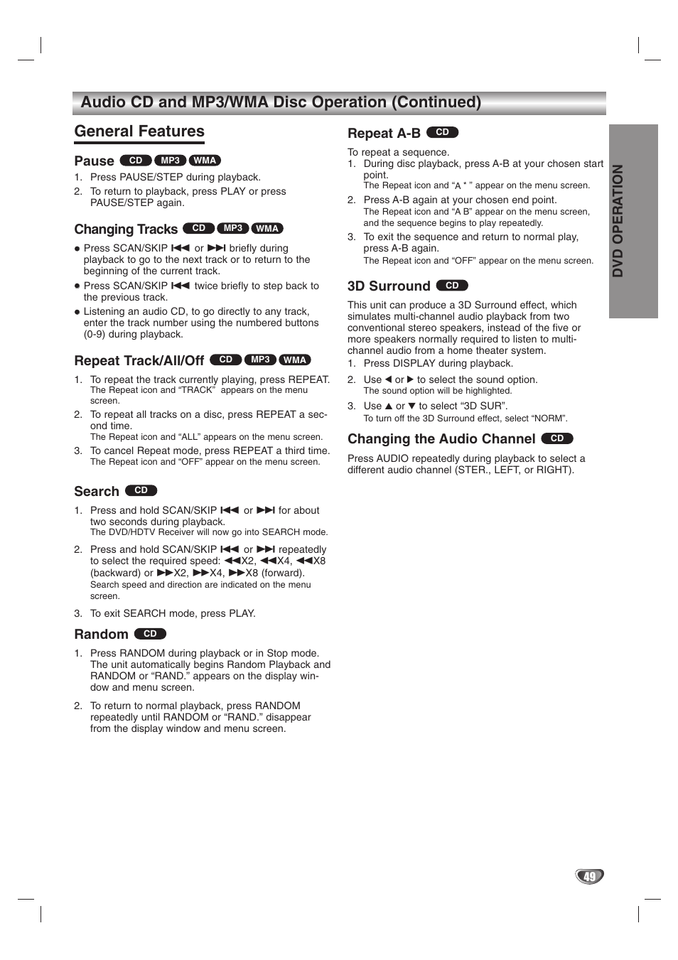 Dvd opera tion, Pause, Changing tracks | Repeat track/all/off, Search, Random, Repeat a-b, 3d surround, Changing the audio channel | LG LST-3510A User Manual | Page 49 / 64