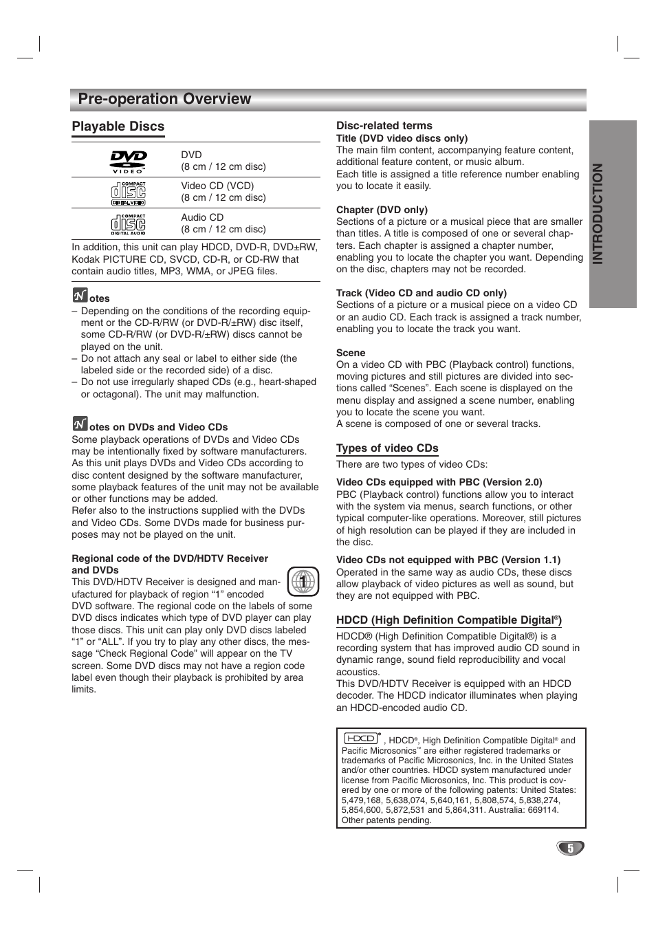 Pre-operation overview, Introduction, Playable discs | LG LST-3510A User Manual | Page 5 / 64