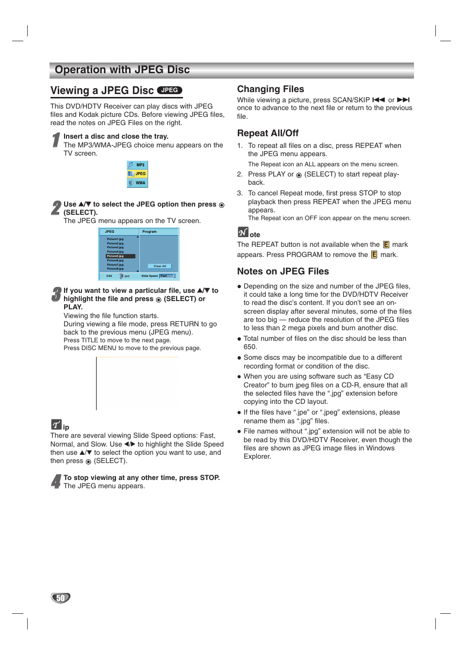 Viewing a jpeg disc, Operation with jpeg disc, Changing files | Repeat all/off | LG LST-3510A User Manual | Page 50 / 64
