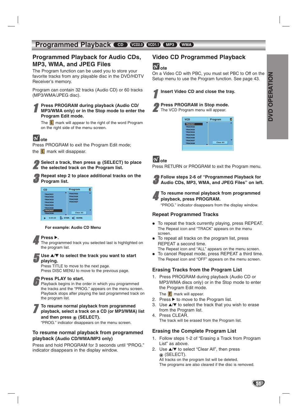Programmed playback, Dvd opera tion, Video cd programmed playback | LG LST-3510A User Manual | Page 51 / 64
