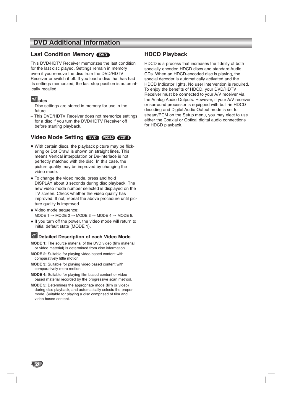 Dvd additional information, Video mode setting, Hdcd playback | LG LST-3510A User Manual | Page 52 / 64