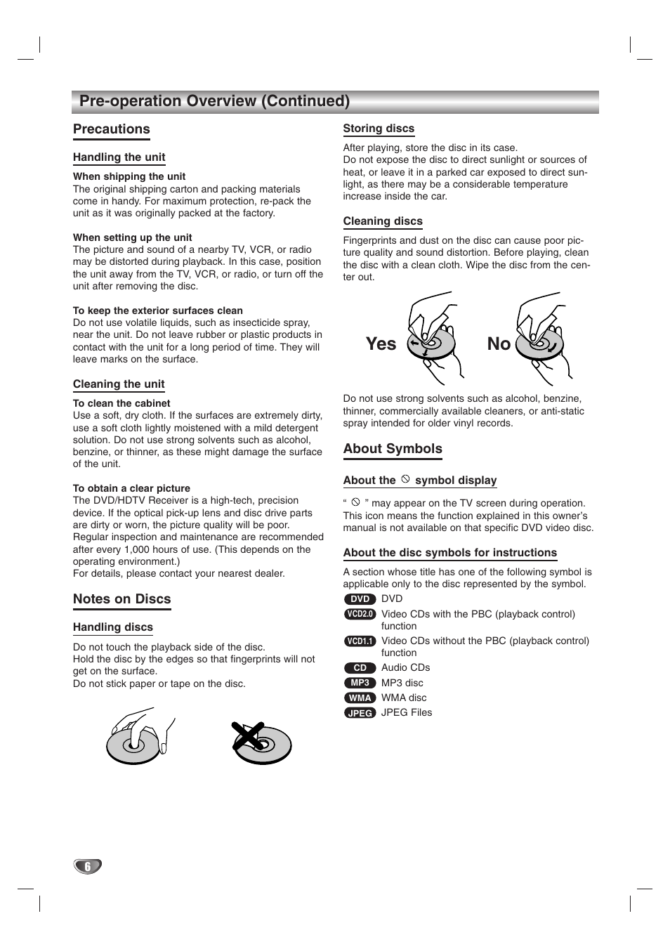 Yes no, Pre-operation overview (continued), Precautions | About symbols | LG LST-3510A User Manual | Page 6 / 64