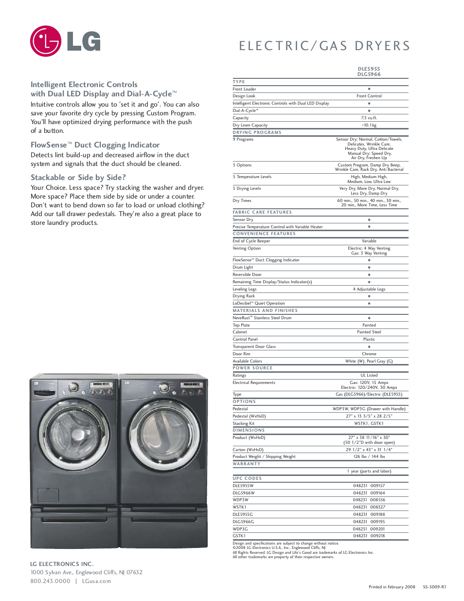 Flowsense, Duct clogging indicator, Stackable or side by side | LG D5966 User Manual | Page 2 / 2