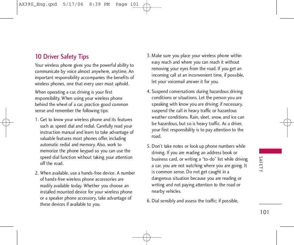 10 driver safety tips | LG AX390 User Manual | Page 103 / 114