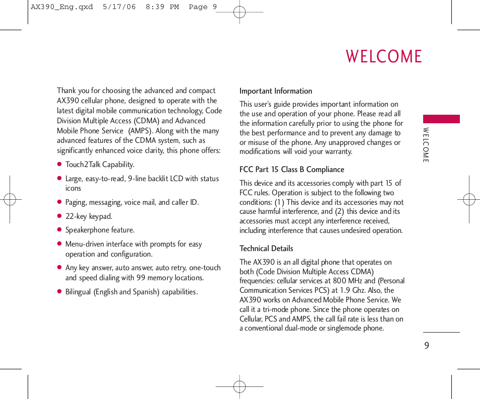 Welcome | LG AX390 User Manual | Page 11 / 114