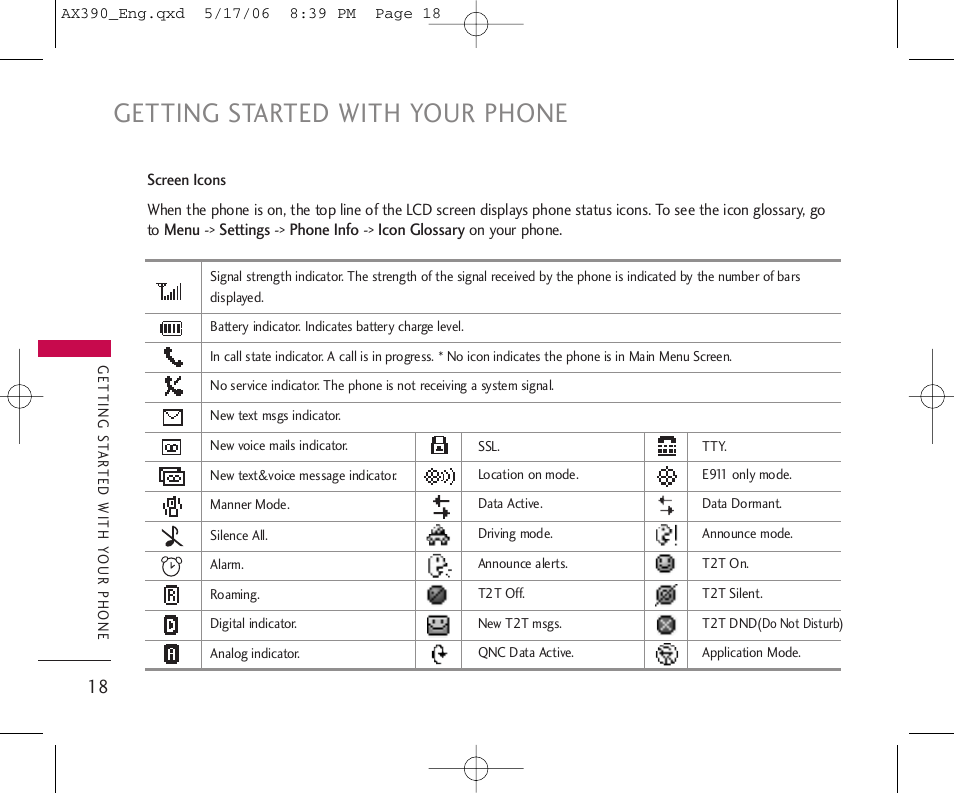 Getting started with your phone | LG AX390 User Manual | Page 20 / 114