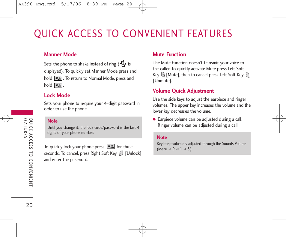 Quick access to convenient features | LG AX390 User Manual | Page 22 / 114