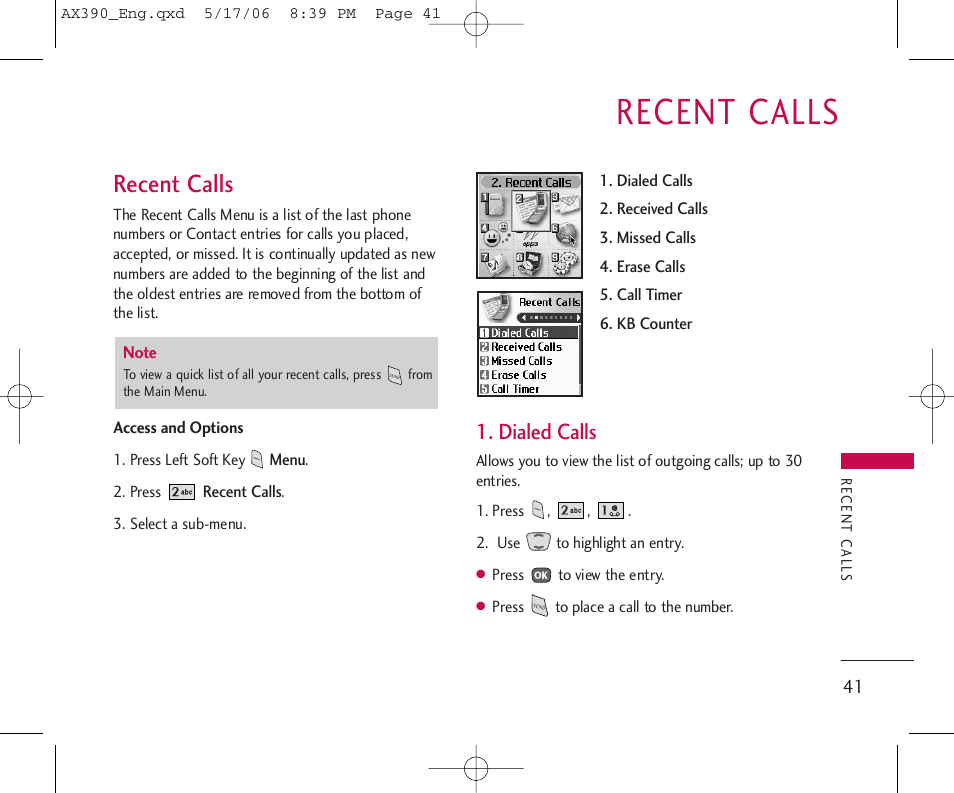 Recent calls, Dialed calls | LG AX390 User Manual | Page 43 / 114