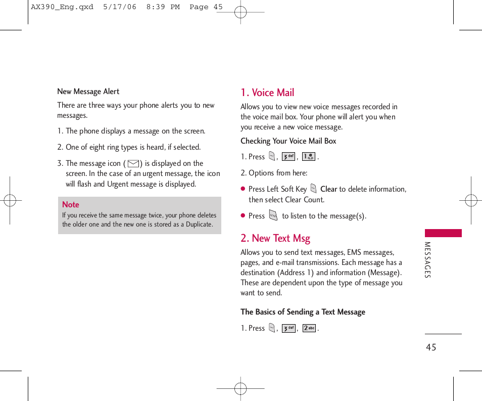 Voice mail, New text msg | LG AX390 User Manual | Page 47 / 114