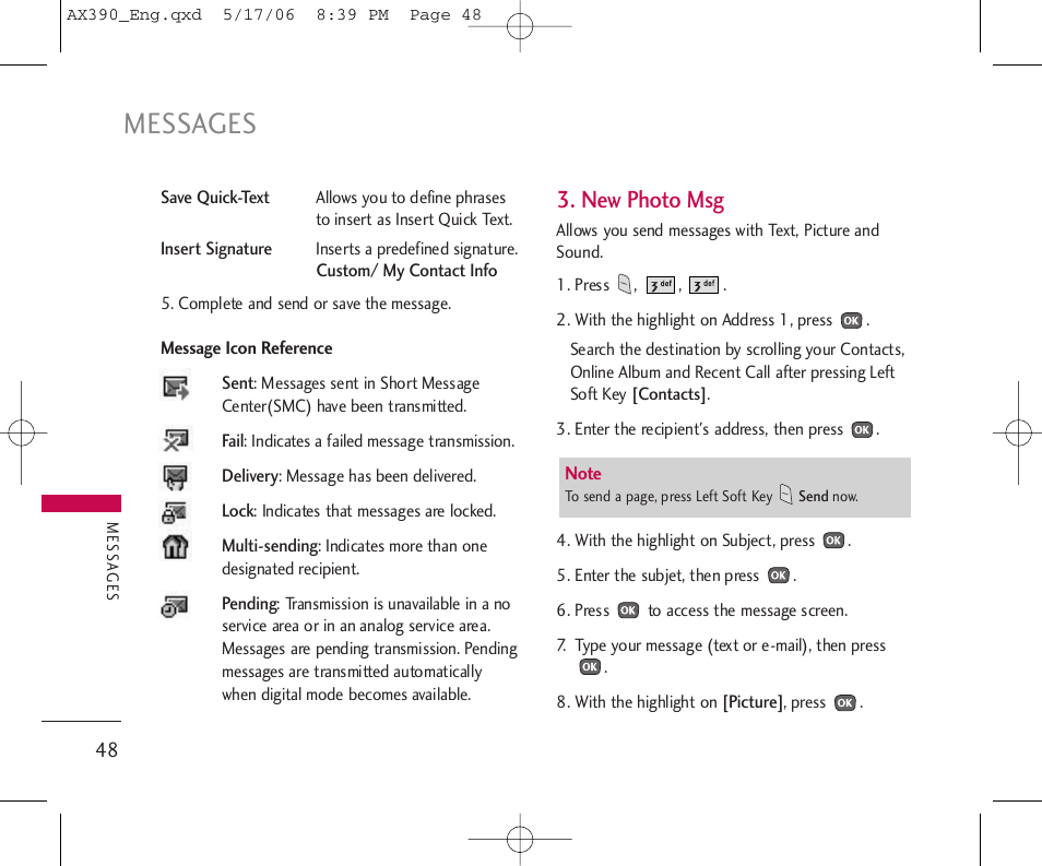 Messages, New photo msg | LG AX390 User Manual | Page 50 / 114