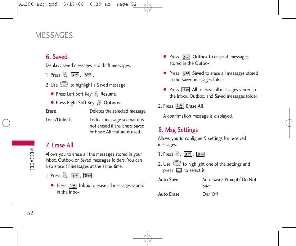 Messages, Saved, Erase all | Msg settings | LG AX390 User Manual | Page 54 / 114