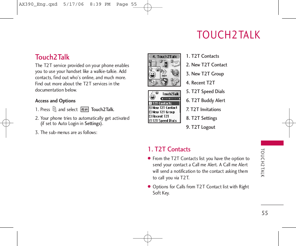 Touch2talk, T2t contacts | LG AX390 User Manual | Page 57 / 114