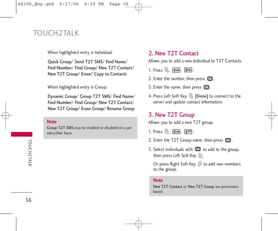 Touch2talk, New t2t contact, New t2t group | LG AX390 User Manual | Page 58 / 114