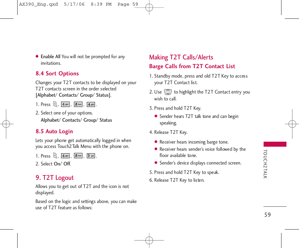 T2t logout, Making t2t calls/alerts | LG AX390 User Manual | Page 61 / 114