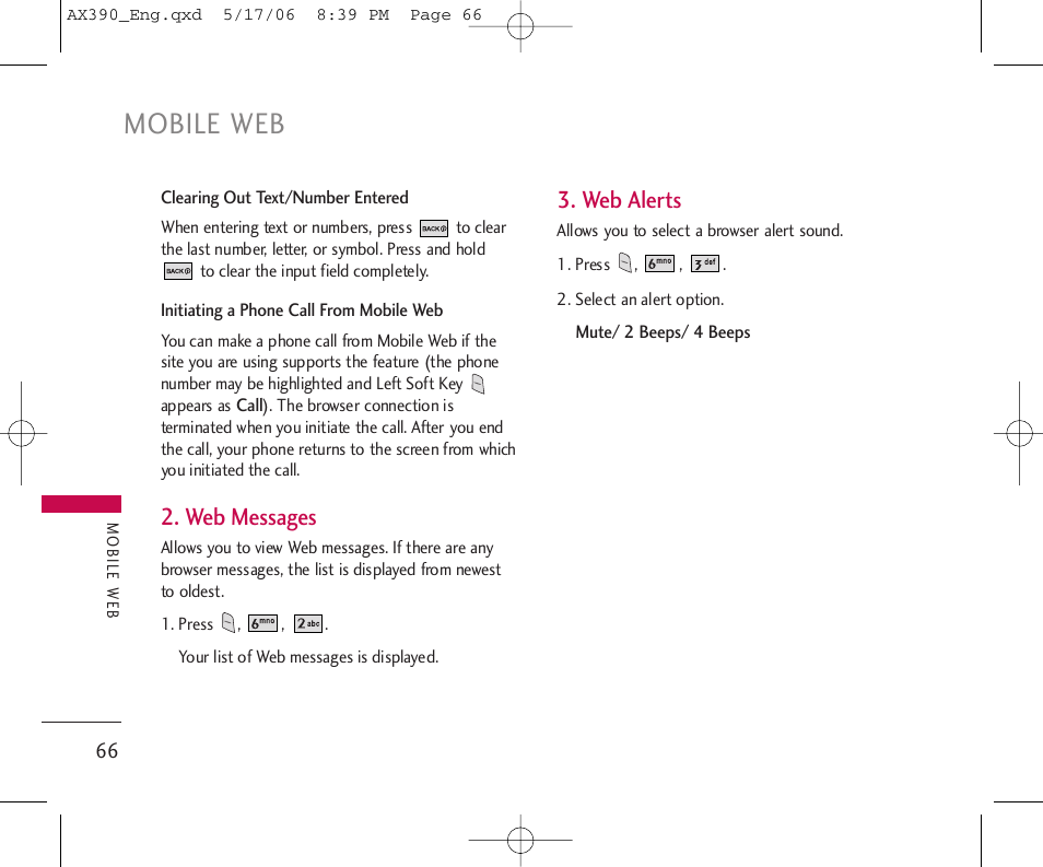 Mobile web, Web messages, Web alerts | LG AX390 User Manual | Page 68 / 114