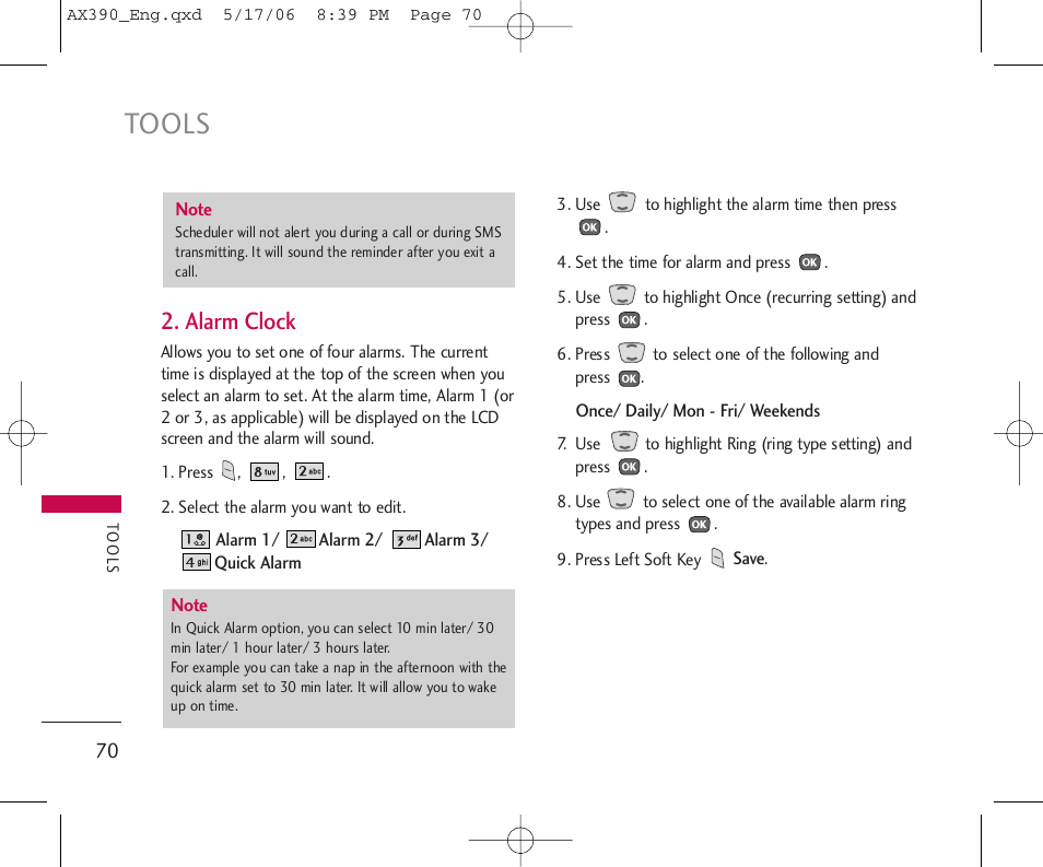 Tools, Alarm clock | LG AX390 User Manual | Page 72 / 114