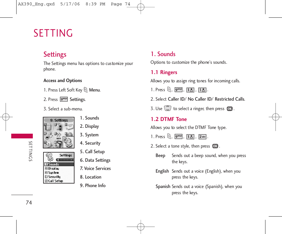 Setting, Settings, Sounds | LG AX390 User Manual | Page 76 / 114