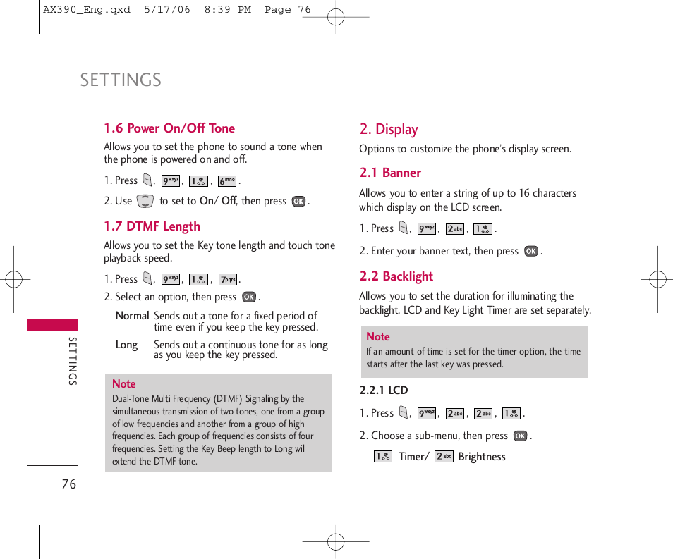 Settings, Display | LG AX390 User Manual | Page 78 / 114