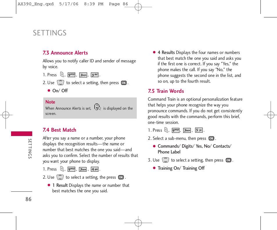 Settings | LG AX390 User Manual | Page 88 / 114