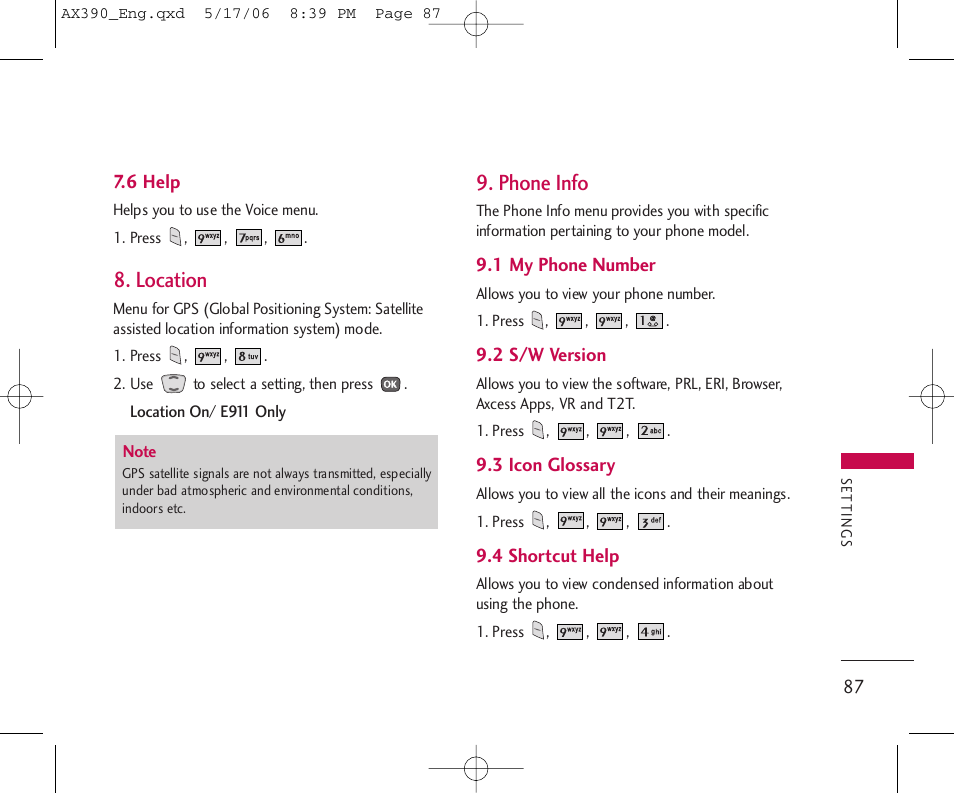 Location, Phone info | LG AX390 User Manual | Page 89 / 114