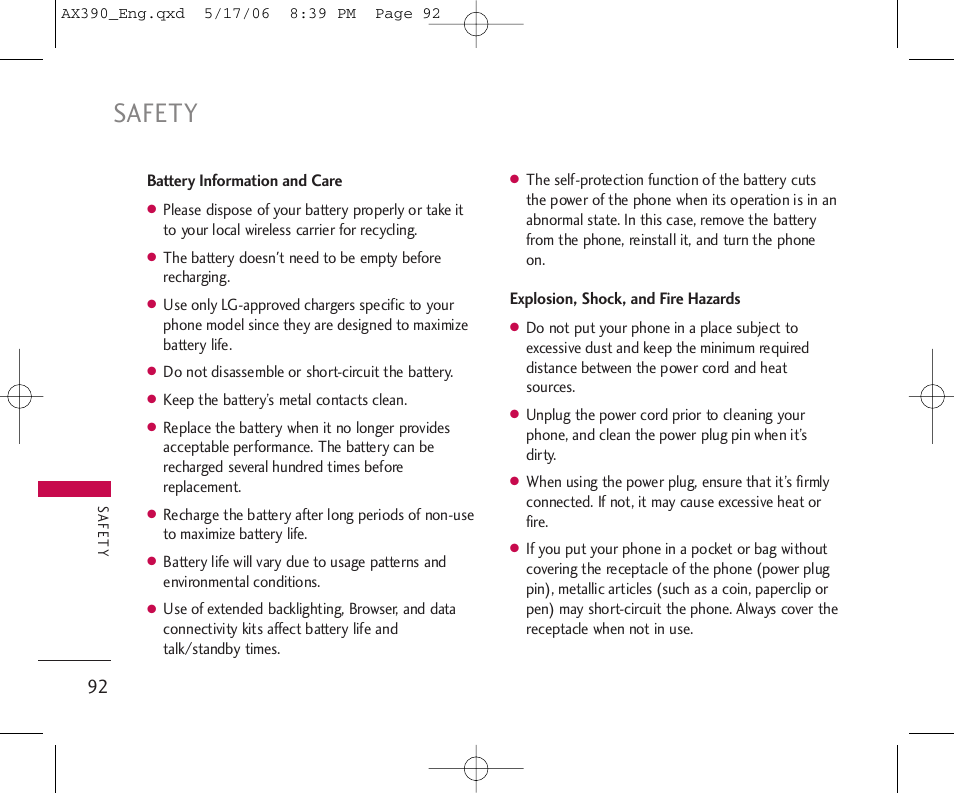 Safety | LG AX390 User Manual | Page 94 / 114