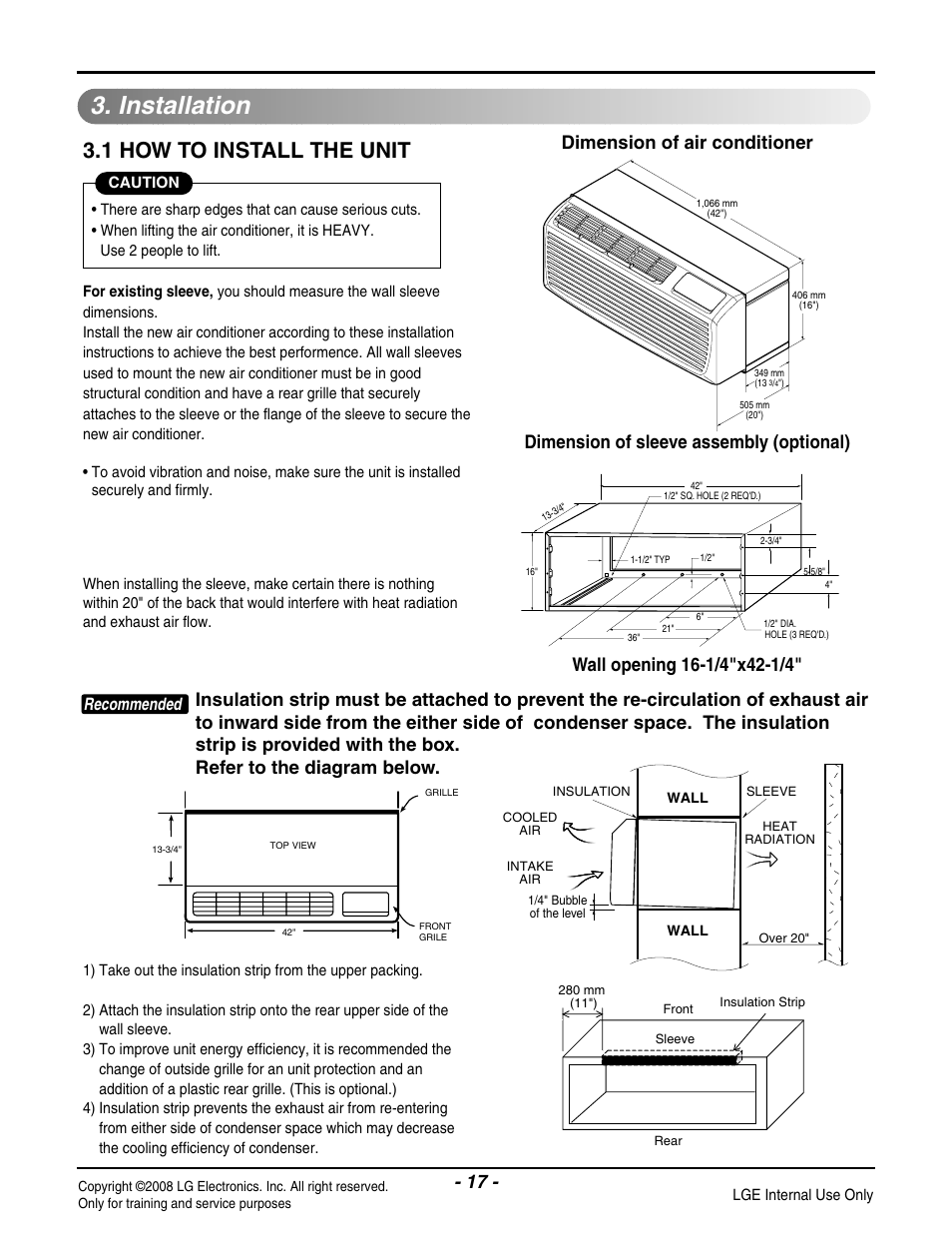 Installation, 1 how to install the unit, Recommended | LG LP091CEM-Y8 User Manual | Page 17 / 48