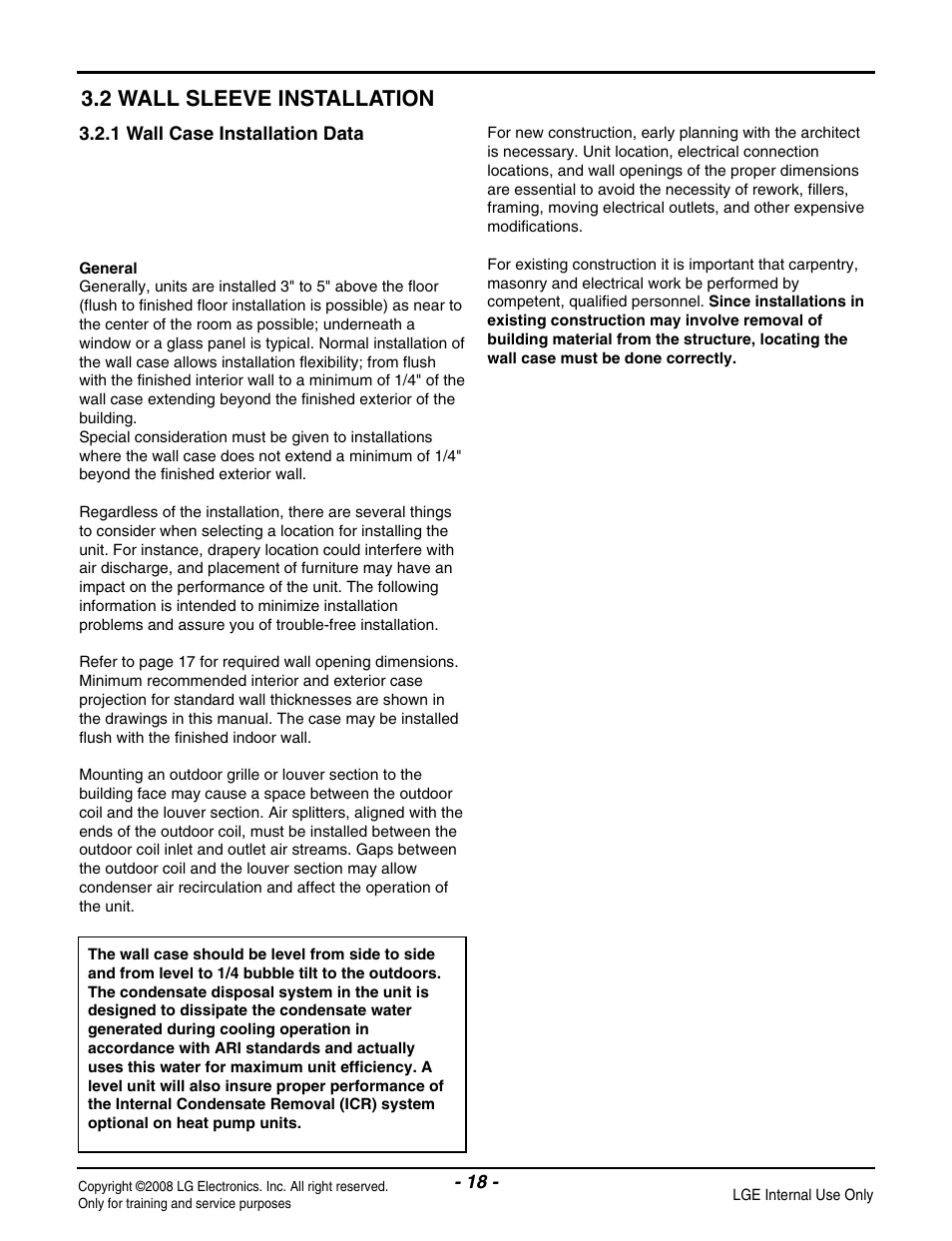 2 wall sleeve installation | LG LP091CEM-Y8 User Manual | Page 18 / 48