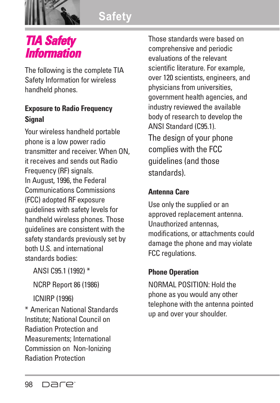 Safety, Exposure to radio frequency, Antenna care | Phone operation, Exposure to radio frequency signal | LG Dare User Manual | Page 100 / 273